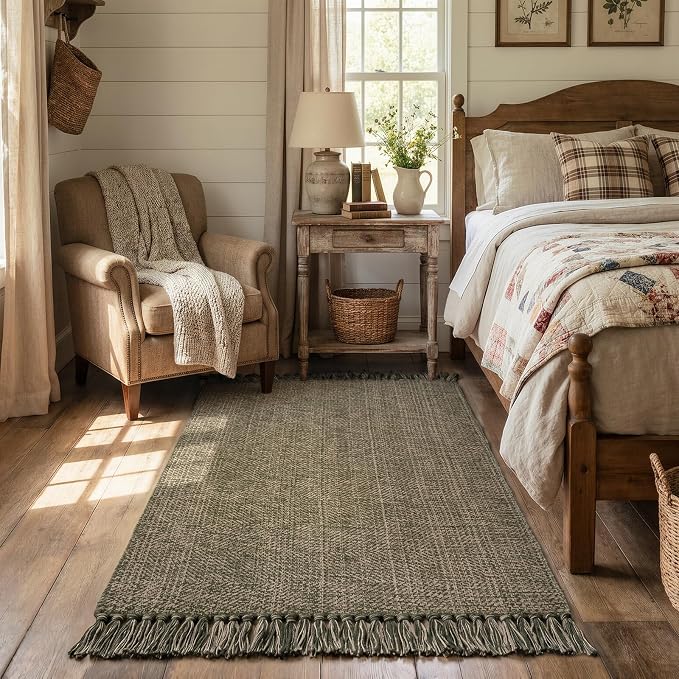 Collive 3' x 5' Indoor Outdoor Porch Rug, Moss Green Modern Farmhouse Entryway Rug Boho Front Door Mat, Hand-Woven Washable Kitchen Rugs for Patio Bedside Nursery Decor