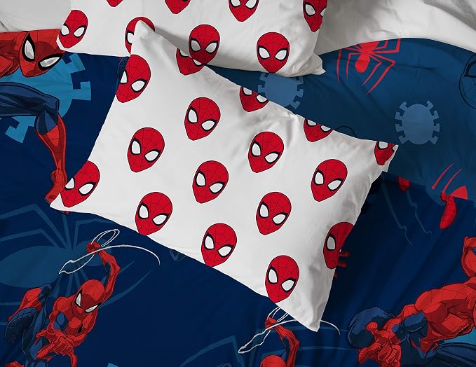 Marvel Spiderman Full Size Comforter Set 5 Piece Kids Bedding, Blue | Bed in a Bag, Comforter Sheets Pillowcases, Official Product, Soft Microfiber, Machine Washable, Easy Care, Boys Gift