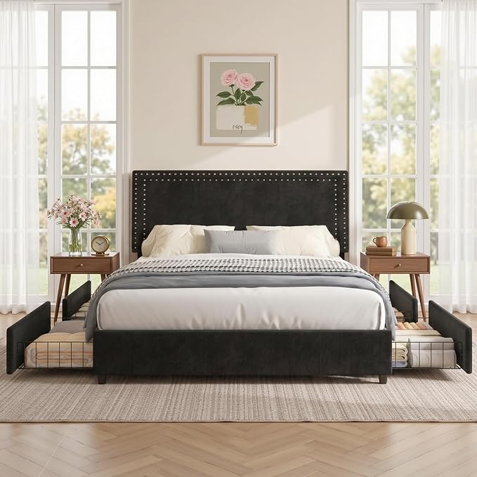VECELO Queen Size Upholstered Bed Frame with 4 Storage Drawers, Adjustable Velvet Rivet Decor Headboard, Wooden Slats Platform Support, No Box Spring Needed, Easy Assembly,Black