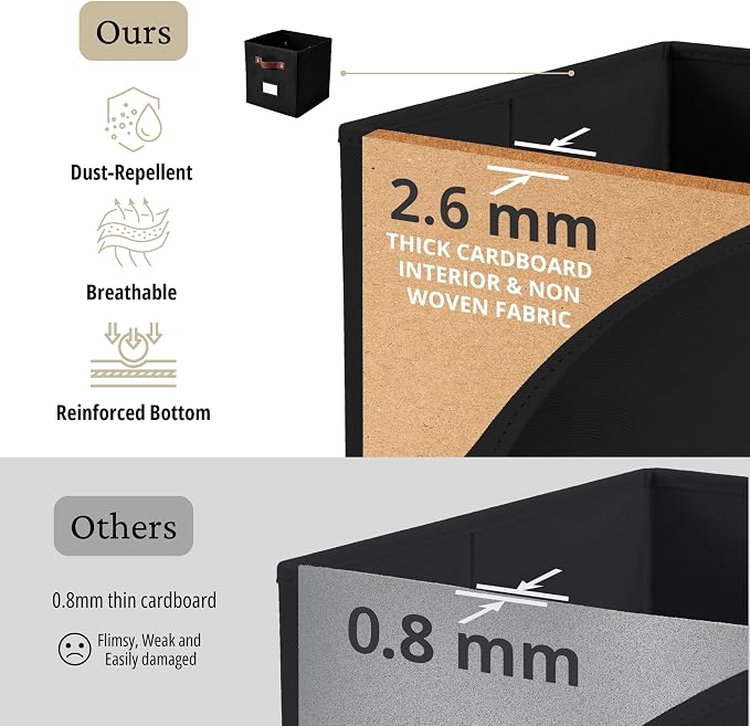 DECOMOMO Storage Bins, Cube Storage Bin with Labels | 10.5" x 11" Fabric Storage Cubes for Shelves (6pcs, Black)