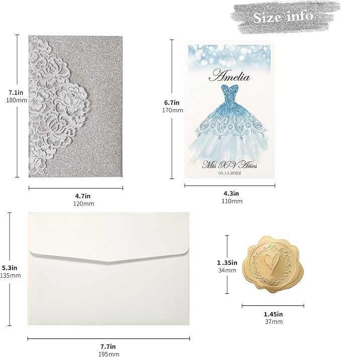 DORIS HOME 50Pcs Personalized Laser Cut Quinceanera Invitations, Silver | 4.7"x7.1", Customized Quince Invitations, For 15th Birthday, Sweet 16, With Envelopes