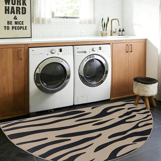 Half Round Easy Jute Rug 3x6Ft Zebra Stripe Carpet for Farmhouse Bedroom Carpet, Non-Slip Half Circle Thin Neutral Floor Mat for Living Room Patio Kids Room Kitchen, Indoor Outdoor, Black 5
