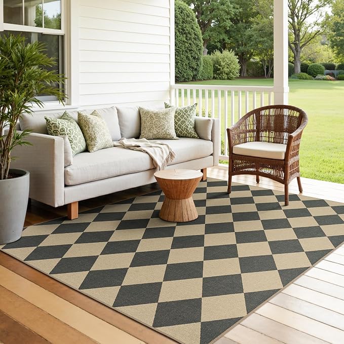 Lessymo Checkered Outdoor Rugs 6x9, Washable Easy Jute Patio Rug | Indoor Living Room Farmhouse Rugs, Geometric Non Slip Black Carpet for Bedroom Backyard Dining Room, Diamond Black/Beige