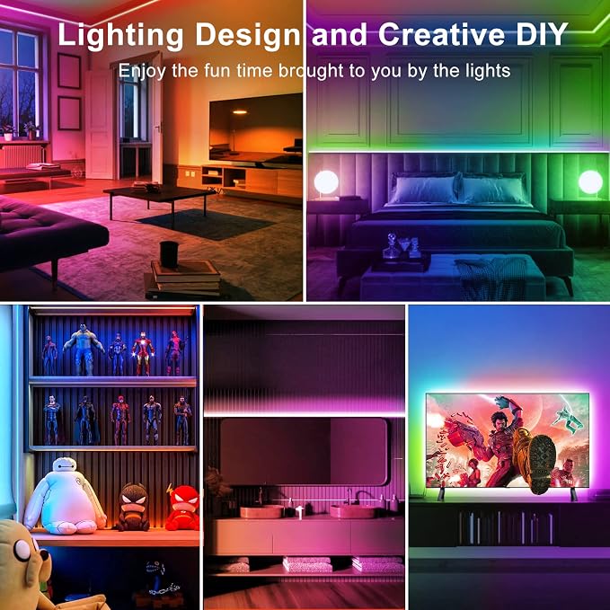 TJOY LED Lights for Bedroom 100ft, RGB Color Changing Strip Lights Indoor | Music Sync Rope Lights via Bluetooth for Room Decor, Strong Adhesive, DIY