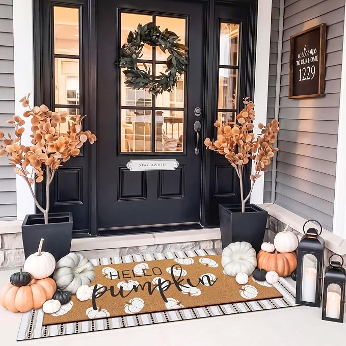Tinideya Hello Pumpkin Layered Door Mat, Fall Welcome Coir Mats, 2 Pcs