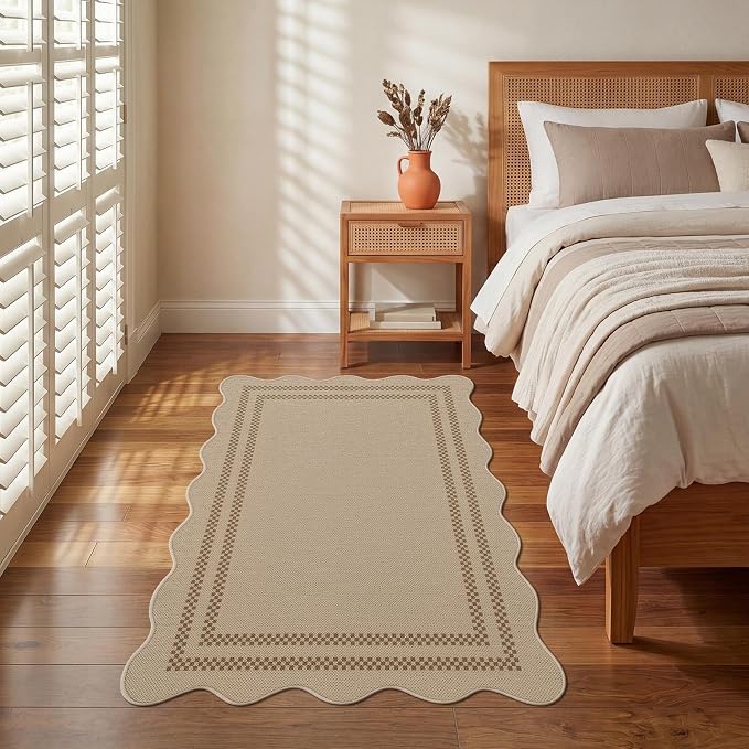 Tribesigns Scalloped Easy Jute 3x5 Washable Outdoor Patio Rug, Tan/Checkered Non-Slip Kitchen Area Rugs for Entryway Door, Geometric Indoor Carpet for Living Bedroom Office