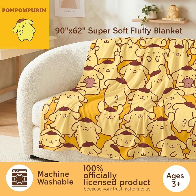 Sanrio Pompompurin Bedding Plush Blanket 90 in x 62 in – Soft Cozy Kawaii Throw for Couch, Bed & Travel, Collectible Gift (Officially Licensed Product) by Franco Collectibles®