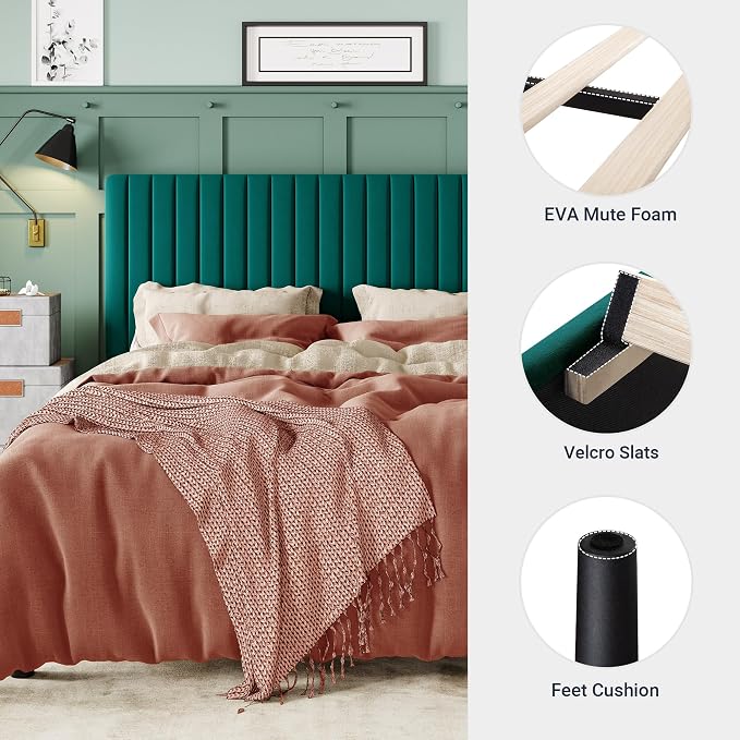 Allewie Full Bed Frame, Velvet Upholstered Platform Bed with Adjustable Vertical Channel Tufted Headboard, Mattress Foundation with Strong Wooden Slats, Box Spring Optional, Easy Assembly, Teal