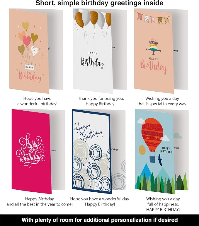 Dessie 60 Unique Birthday Cards Assortment 5x7 with Generic Birthday Greetings Inside. Suitable For Men, Women and Kids. Send As Is Or Personalize. Includes Envelopes and Gold Stickers