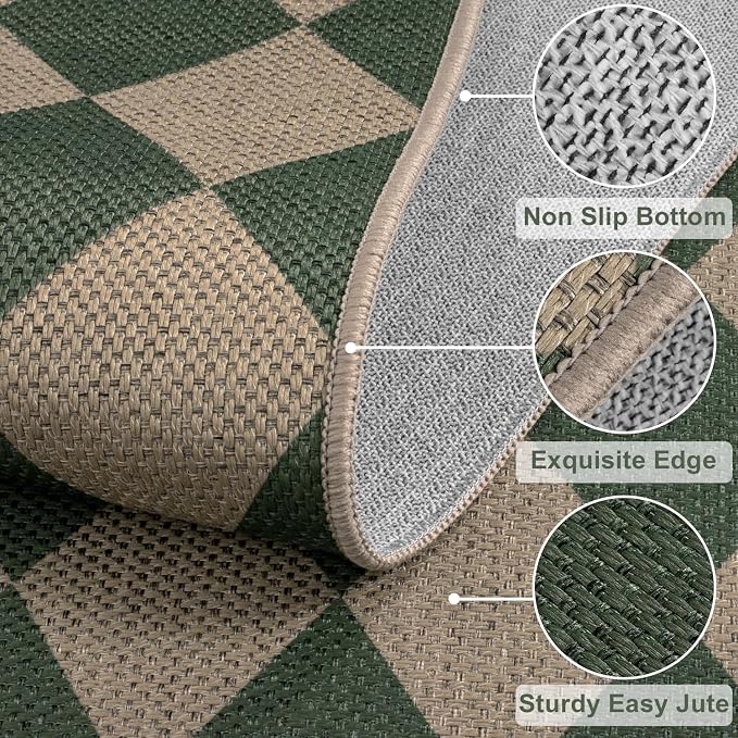 Rugalia Easy Jute Checkered Runner Rug, 2x6 Green Modern Washable Rugs Runner for Hallway Non-Slip Long Kitchen Rug, Geometric Diamond Indoor Outdoor Carpet for Porch Laundry Entryway