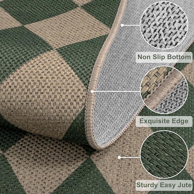 Rugalia Easy Jute Checkered Indoor Outdoor Doormat, 2.6x4 Green Modern Entryway Rug Non-Slip Washable Kitchen Rug, Neutral Farmhouse Diamond Throw Rugs for Entrance Bedroom Porch Patio