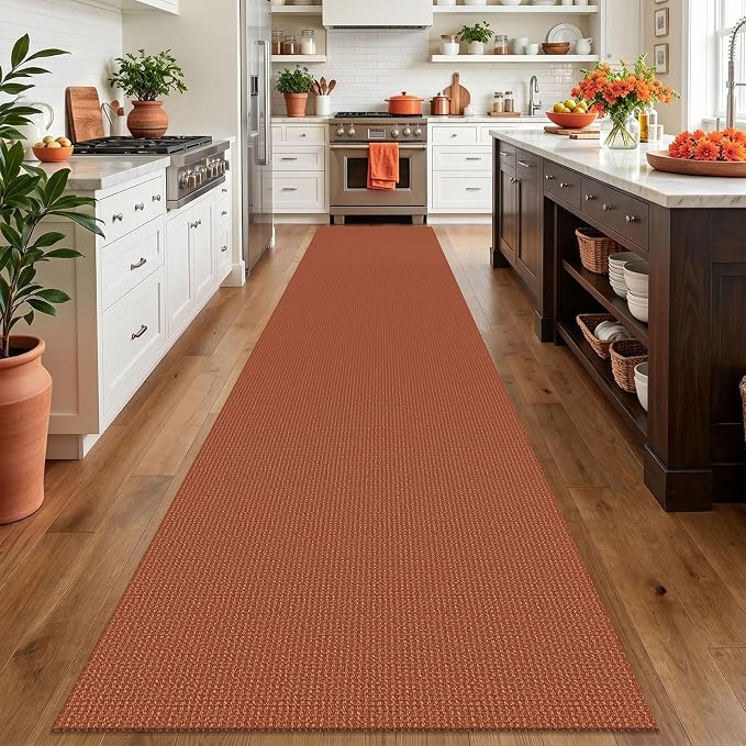 IOHOUZE Washable Exrea Long Hallway Runner Rug 3x16 Non Slip Rubber Backed Kitchen Runner Entryway Runner Indoor, Woven Rugs Floor Carpet for Kitchen Hall Entryway, Burnt Orange/Tan