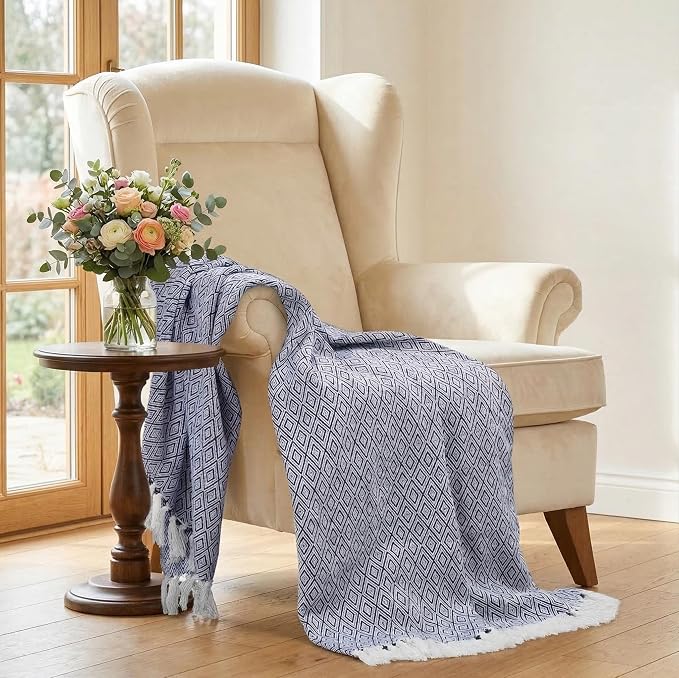 Americanflat 50x60 Throw Blanket - Soft and Breathable Cotton Throw Blanket for Couch, Bed, Chair - Decorative Blankets Perfect for Home or Outdoor Use - Navy Blue and White Double Diamond Design