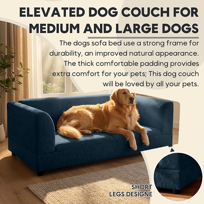 Oversized Dog Sofa Couch for Medium and Large Dogs with Backrest and Armrest, 56.5" Memory Foam Dog Sofa Bed, Modern Elevated Pet Couch Bed with Legs, Blue