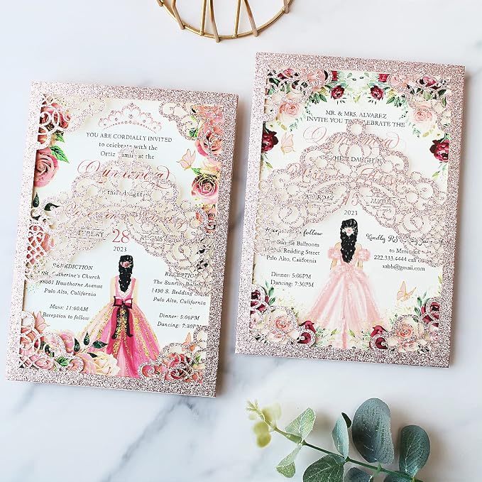 Hosmsua 50PCS 5.1x7.3 Inch Blank Rose Gold Glitter Quinceanera Invitations Kit Laser Cut Floral Crown Pocket Quinceanera Invitation Cards with Envelopes for Birthday Quince Anos Invite