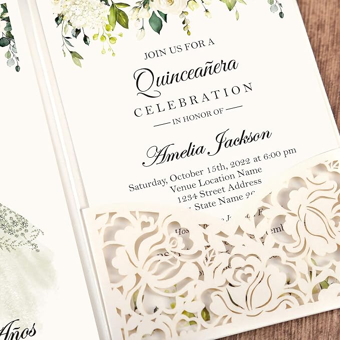 DORIS HOME 50Pcs Personalized Laser Cut Quinceanera Invitations, Ivory | 4.7"x7.1", Customized Quince Invitations, For 15th Birthday, Sweet 16, With Envelopes