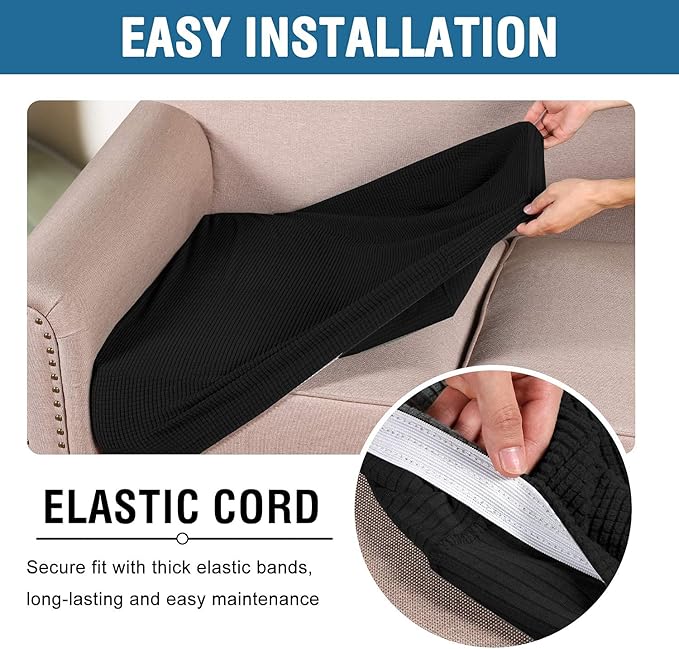 H.VERSAILTEX Super Stretch Individual Seat Cushion Covers Sofa Covers Couch Cushion Covers Slipcover Sets Thick Jacquard Textured Twill Fabric (2 Piece Large Sofa Cushion Covers, Black)