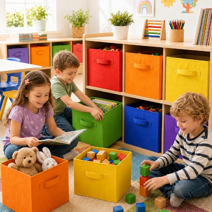 Yinder 12 Pcs Cube Storage Bin Rainbow Colored 10.5''x10.5''x11'' Storage Bins for Kids Classroom Decor Colorful Bins Foldable Baskets for Playroom Nursery Organizer Fabric Boxes