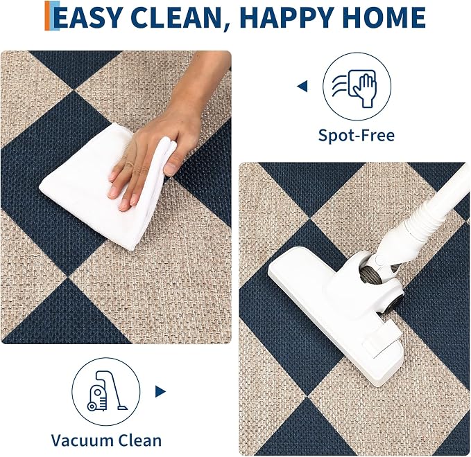 GarveeHome Checkered Easy Jute 5x7 Area Rugs for Living Room Machine Washable Non-Slip Backing Stain Resistant Modern Indoor Outdoor Rugs for Farmhouse Dining Room Patio Navy Blue