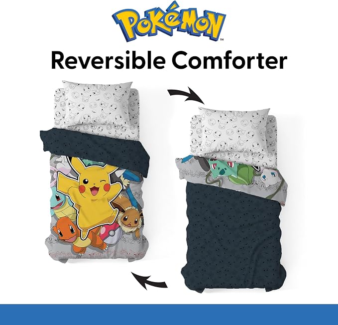 Northwest Pokemon Battle Squad Twin Size Bed in a Bag Set, Pikachu Charmander Squirtle Eevee, Kids Boys Girls Bedding Comforter Sheets