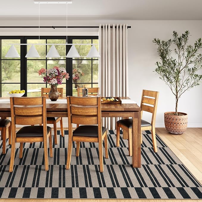 Lahome Striped Easy Jute Outdoor Patio Rug, 5x7 Dining Room Washable Rugs | Living Room Area Rug Black, Modern Farmhouse Neutral Non Slip Non Shedding Carpet for Porch Deck Classroom Entryway Office
