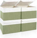 Bagnizer Large 22 Quart Linen Fabric Foldable Storage Bin Cube Organizer Basket with Flip-Top Lid & Handles, Clothes Blanket Box for Home, Office, Closet, Green & White, 4 Pack 14.6 x 9.5 x 9.5
