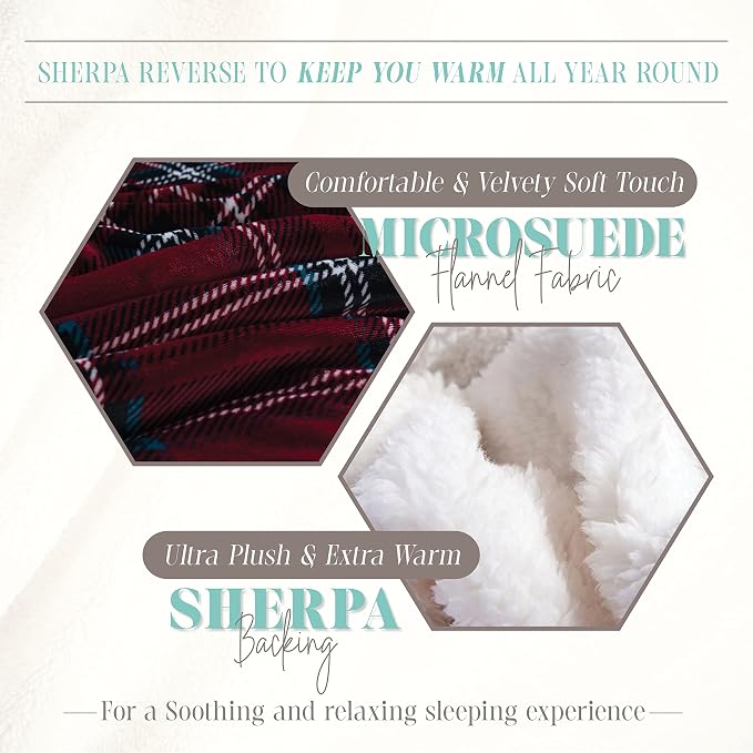 Elegant Comfort Throw Blanket, Reversible Sherpa Flannel, Ultra-Soft, Fuzzy, Cozy and Plush- All Season Lightweight Decorative Throw, 50 x 60 inches, Plaid Design Sherpa Throw, Burgundy