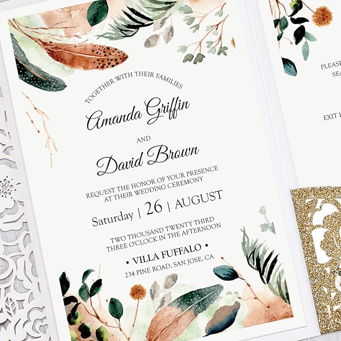 DORIS HOME 50Pcs Personalized Laser Cut Wedding Invitations, Gold Glitter | 4.7"x7.1", Customized Anniversary Invitations, With Envelopes