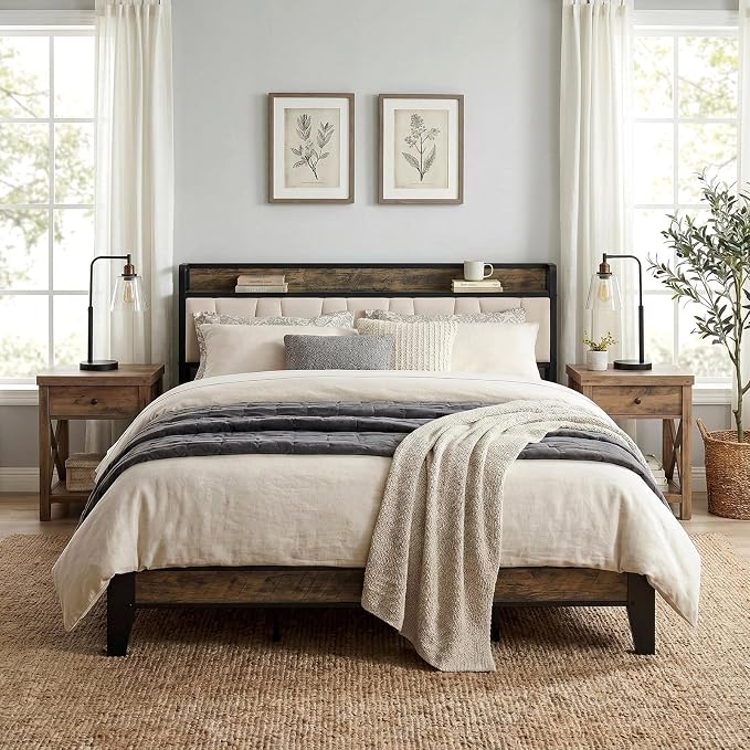 LIKIMIO California King Bed Frame, Storage Headboard with Charging Station, Solid and Stable, Noise Free, No Box Spring Needed, Easy Assembly (Walnut and Beige)