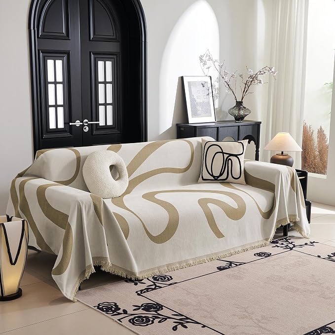 MYSKY HOME Boho Couch Cover Super Soft Couch Covers for 2-3 Cushion Couch Sofa, Modern Khaki Jacquard Sofa Slipcover Loveseat Futon Cover, Couch Covers for Sectional Sofa, 71" x 102", Khaki Curve