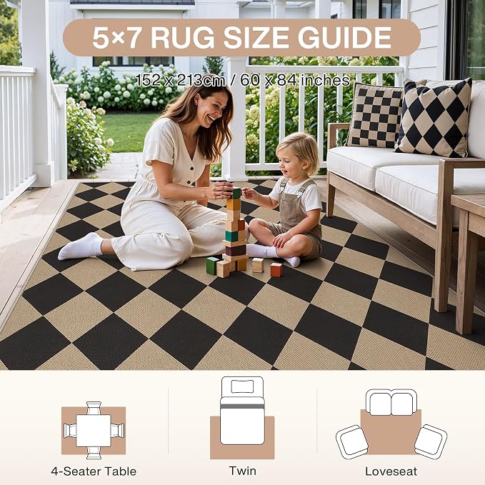 Tribesigns 5x7 Black Checkered Easy Jute Outdoor Patio Rugs for Backyard | Washable, Non-Slip Diamond Rug for Living Room, Porch, Dining Area, Camping, Rv and Indoor Outdoor Use, Includes 4 Rug Tapes