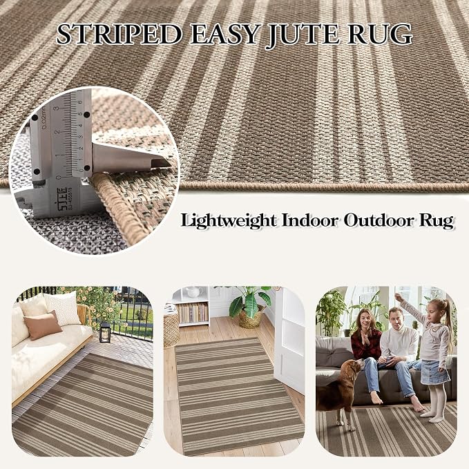 Lahome Striped Easy Jute Outdoor Patio Rug, 3x5 Washable Rugs for Porch | Indoor Living Room Area Rugs Non Slip, Modern Farmhouse Neutral Carpet for Entryway Backyard Bedroom Rv, Khaki