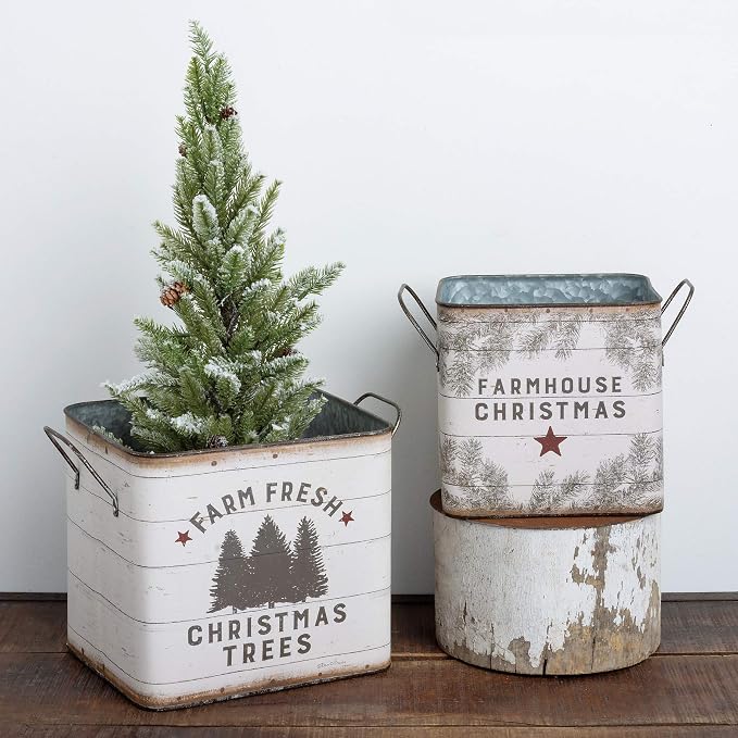 Primitives by Kathy 39896 Farmhouse Tin Buckets, Farm Fresh Christmas Trees
