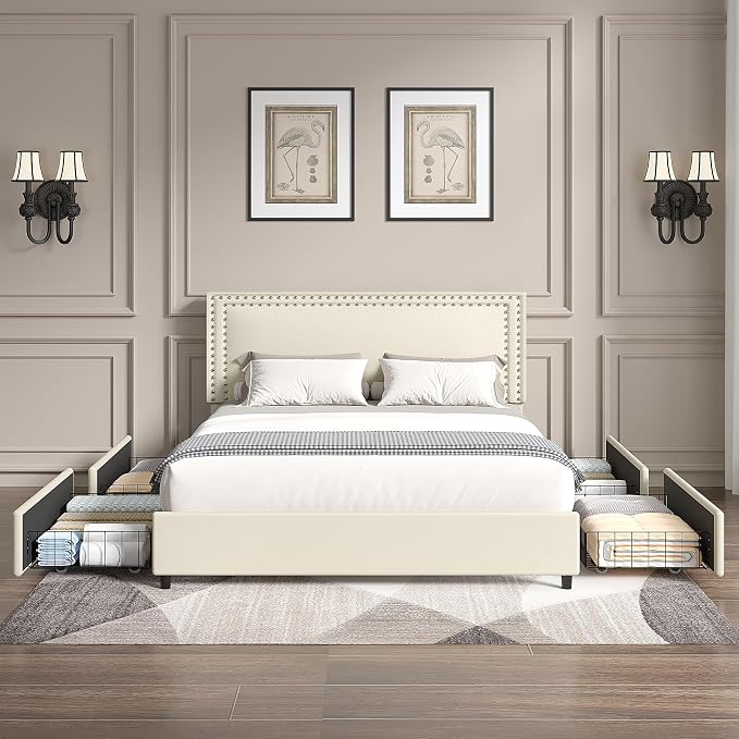VECELO King Size Upholstered Bed Frame with 4 Storage Drawers, Adjustable Velvet Rivet Decor Headboard, Wooden Slats Platform Support, No Box Spring Needed, Easy Assembly,Beige