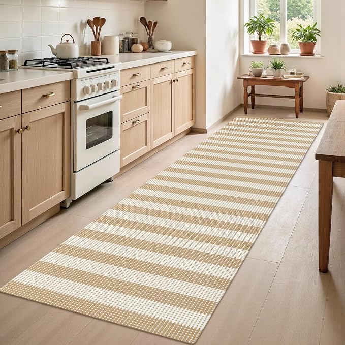 Rugalia Washable Woven Hallway Runner Rug, 2x8 Natural Beige Striped Cotton Rug Runners for Entryway Non-Slip Long Kitchen Mat, Modern Neutral Throw Runner Carpet for Outdoor Porch Laundry