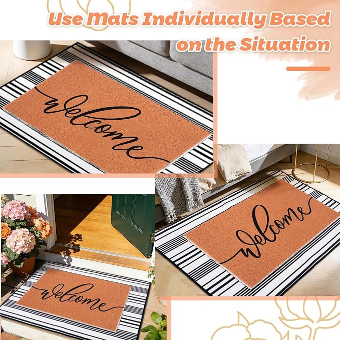 2pcs Layered Doormat Set, Welcome Door Mat for Outdoor Front Door, 16x24 PVC Coil & 24x32 Crystal Velvet Non-Slip Layering Entry Mats for Farmhouse Porch Decoration（Welcome, Buffalo Plaid