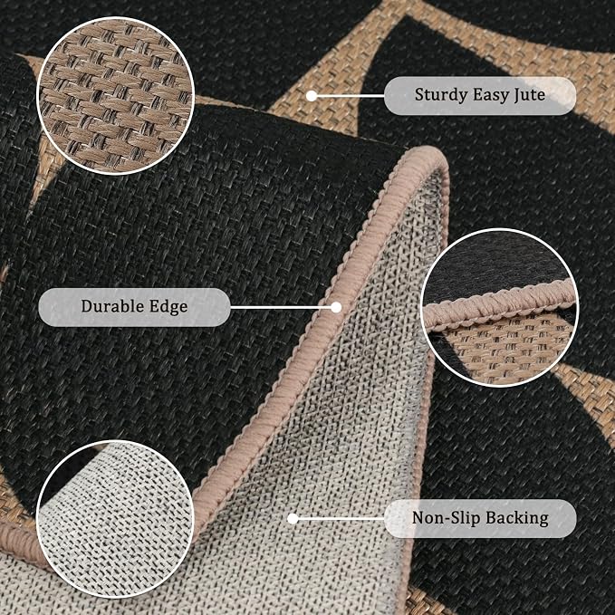 Easy Jute 3x5 Black Semicircle Area Rug,Washable Entryway Rug,Modern Door Carpet,Neutral Non-Slip Outdoor Indoor Farmhouse Rug for Living Room Kitchen Patio Bedroom