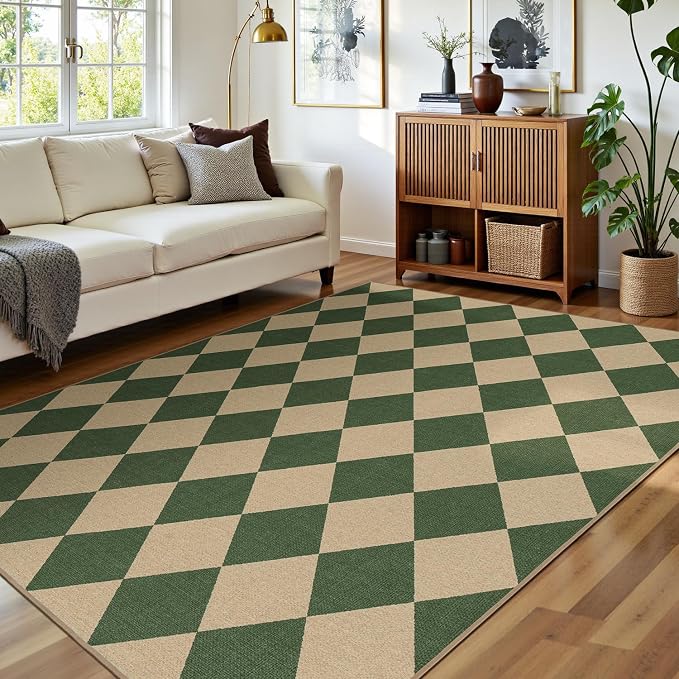 Lessymo Checkered Easy Jute 5x7 Rugs, Washable Patio Rug for Living Room | Farmhouse Indoor Outdoor Area Rug, Non Slip Carpet for Bedroom Backyard Dining Room, Geometric Diamond Green/Beige