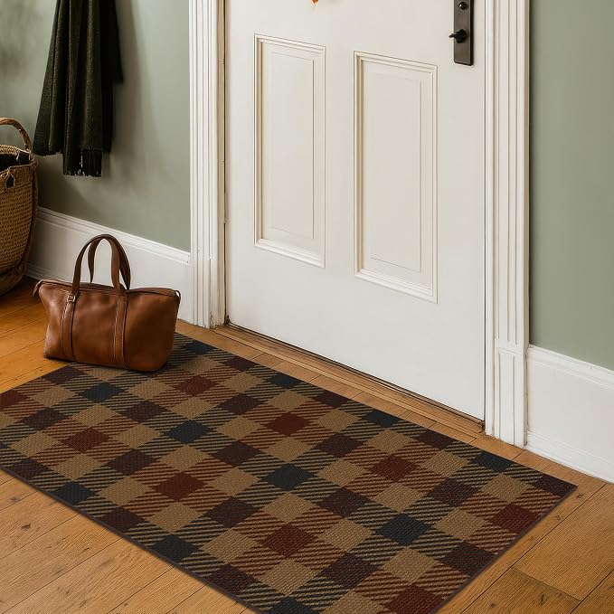 2x4 Entryway Door Mat Indoor – Washable Non Slip Small Rug for Front Door, Kitchen Sink, Mudroom, Garage Entry, Low Profile Easy Clean Farmhouse Plaid Floor Mat