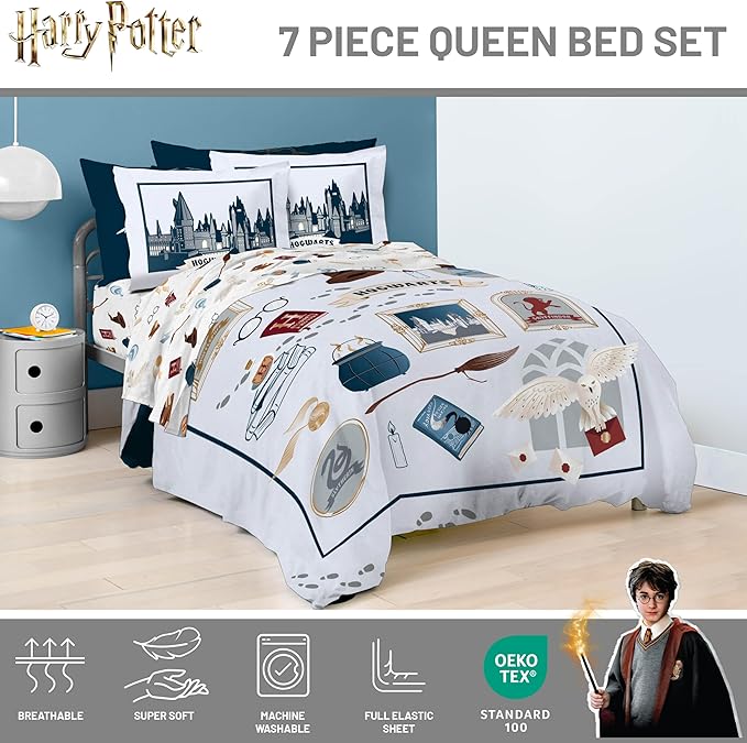 Harry Potter Queen Comforter Set 7 Piece Soft Hogwarts Bedding, Grey | Hedwig, Bed in a Bag, Comforter Sheets Shams Pillowcases, Official Product, Soft Microfiber, Machine Washable, Kids Gift