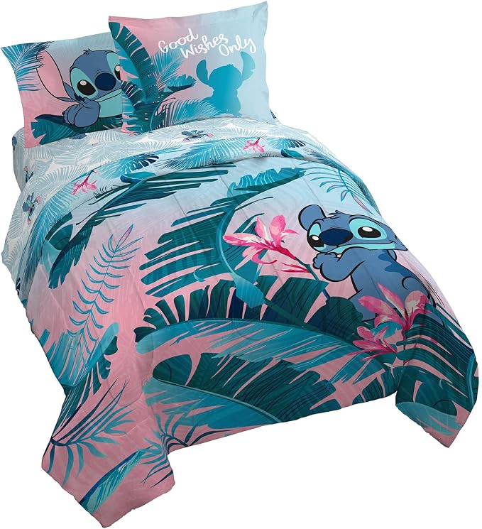 Disney Lilo and Stitch Queen Comforter Set 7 Piece Kids Bedding, Pink | Bed in a Bag, Comforter Sheets Shams Pillowcases, Official Brand, Soft Microfiber, Machine Washable, Girls Gift