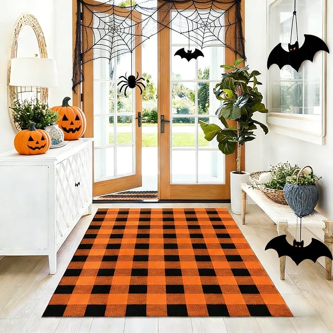 Halloween Orange and Black Buffalo Plaid Rug, 4' x 6'Indoor Outdoor Durable Rug, Spooky Accent Mat for Halloween Indoor Outdoor Decor, Living Room, Porch, Patio, Entryway
