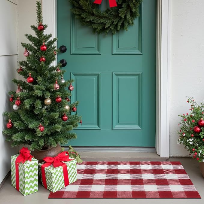 Buffalo Plaid Area Rug, Checkered Rug 27.5x43 Inches, Red and White Rug, Washable Cotton Mat for Front Porch, Entryway, Kitchen, Living Room, Home Decor