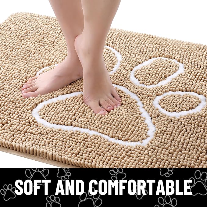 Smiry Dog Door Mat for Muddy Paws, Absorbent Dirt Trapper Non Slip Quick Dry Washable Chenille Mat for Mud Dogs, Entry Rug for Indoor and Outdoor (54x32 Inches, Beige and White)