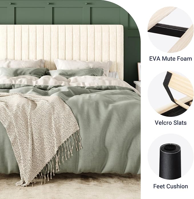 Allewie Full Bed Frame, Upholstered Platform Bed with Adjustable Vertical Channel Tufted Headboard, Mattress Foundation with Strong Wooden Slats, Box Spring Optional, Easy Assembly, Chenille White