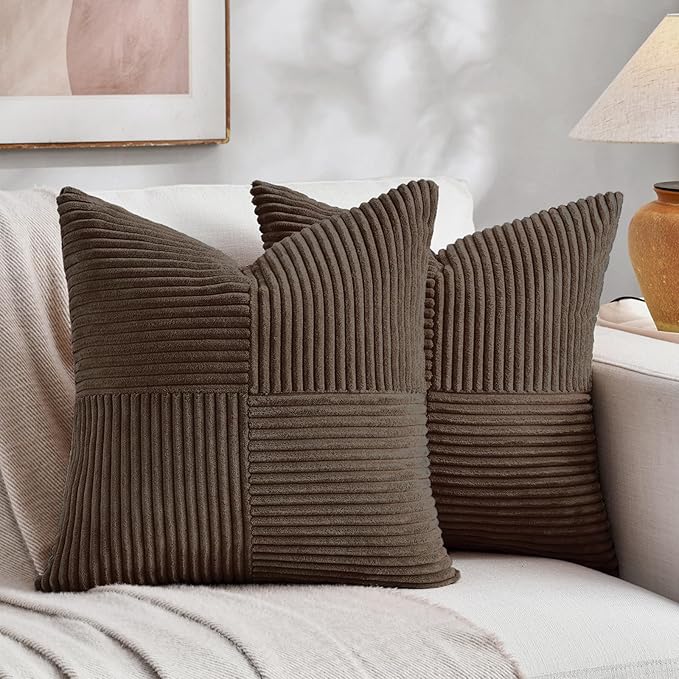 Fancy Homi 2 Packs Dark Brown Euro Decorative Throw Pillow Covers 28x28 Inch for Couch Bed, Rustic Farmhouse Boho Home Decor, Soft Corss Corduroy Patchwork Textured Square Cushion Case 71x71 cm