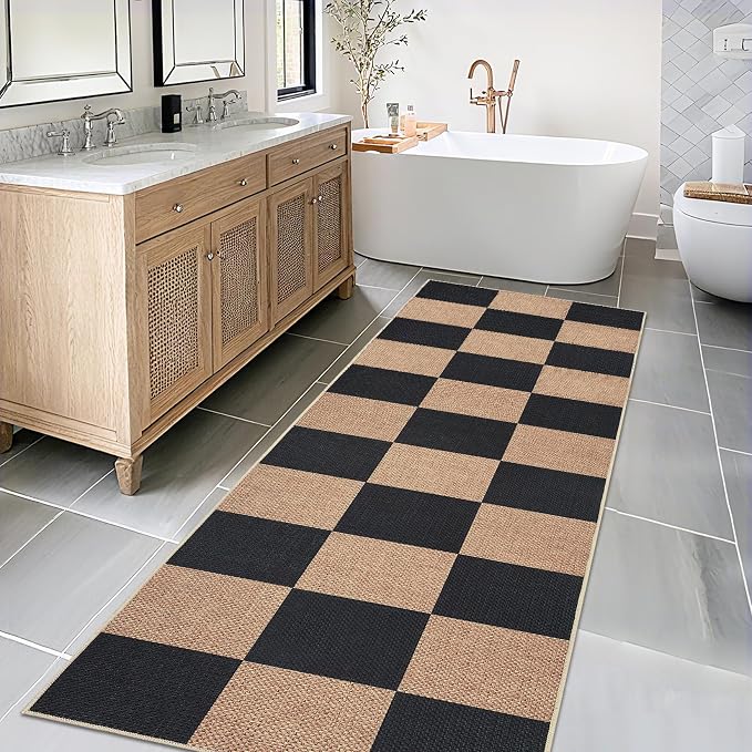 COZYLOOM 2x6 Bathroom Runner Rug Machine Washable Area Rugs for Entryway Modern Checkered Jute Rug with Non Slip Backing, Stain Resistant Foldable Geometric Mats for Kitchen, Brown