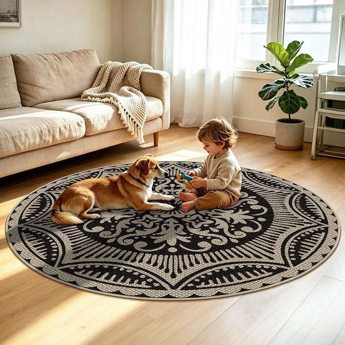 Capslpad Round Faux Jute Rug 6ft Washable Non Slip Area Rugs for Living Room Boho Circle Patio Carpet Low Pile Floral Indoor Outdoor Rug for Backyard Bedroom Kitchen Entryway,Black&Nature