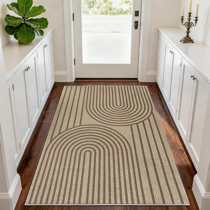 Faux Jute Rugs for Entryway, 3' x 5' Indoor Outdoor Rug, Brown Farmhouse Washable Ultra-Thin Non-Slip Area Rug for Foyer, Backdoor, Living Room, Kitchen, Bedroom, Balcony