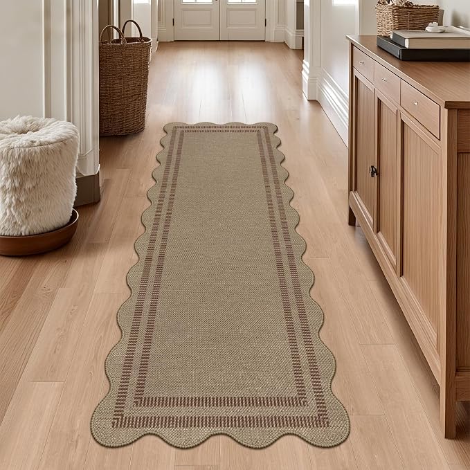 Scalloped Easy Jute 2x6 Kitchen Runner Rug, Washable Rugs for Entryway Non Slip Outdoor Indoor Hallway Rug, Farmhouse Brown Carpet for Entry Bedroom Laundry